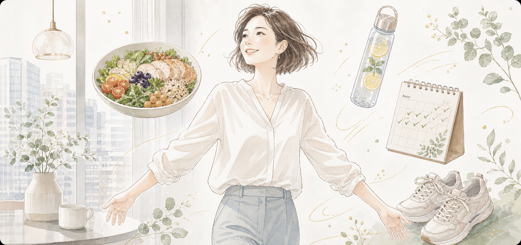 無理なく続けられる健康習慣を楽しむ都会的な女性のイラスト