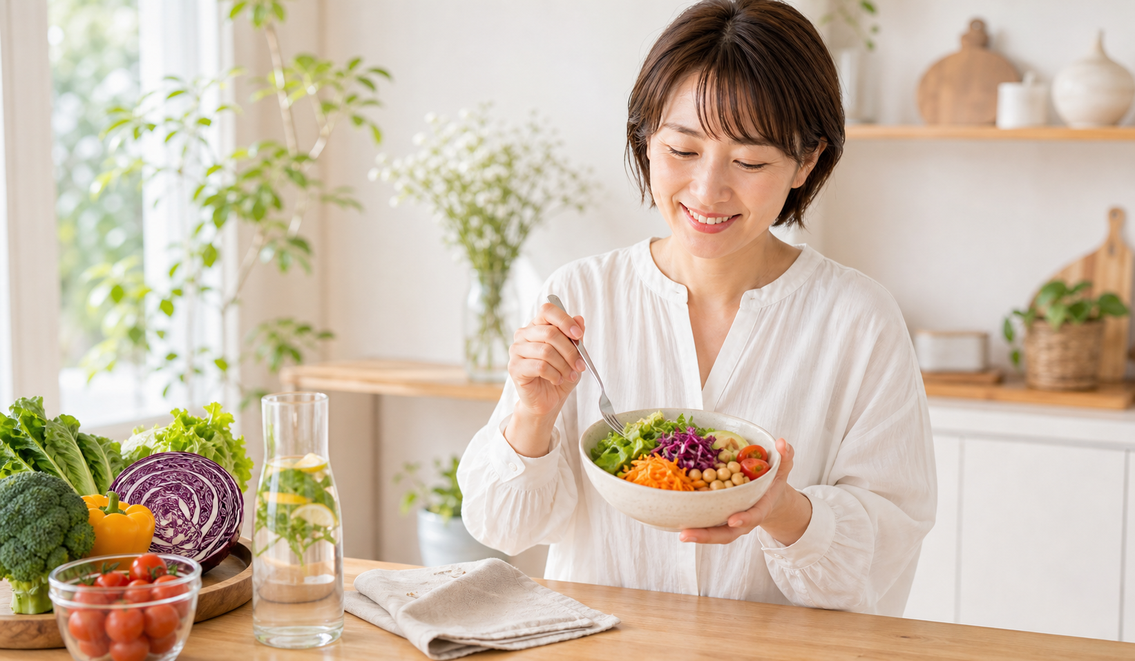 健康的な食事を楽しむ笑顔の女性