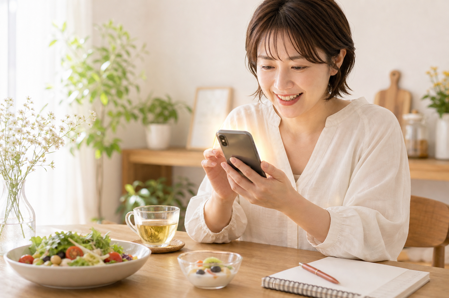 スマホ画面を見て先行案内にワクワクする女性